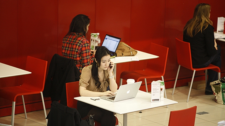 Students on laptops in a cafe