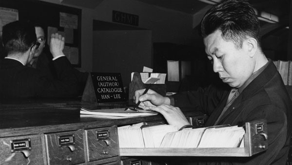 Student using the library catalogue 1964
