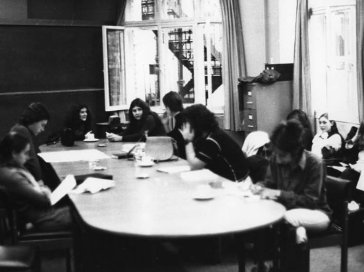 Students working in a social administration study room during 1973