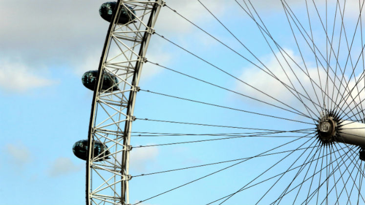 A close-up of the London Eye showing the structure and pods