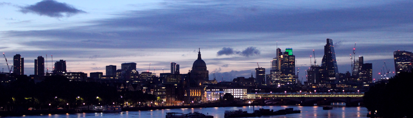 The view from Waterloo Bridge in the early morning looking towards the city