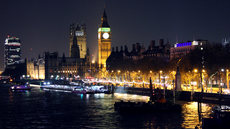 View of Big Ben and the Thames at night from Waterloo Bridge