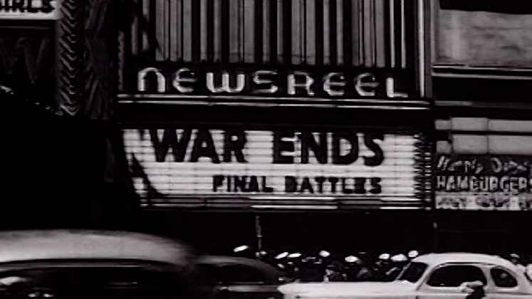 Photo of a message on a US cinema hoarding announcing the end of WWII