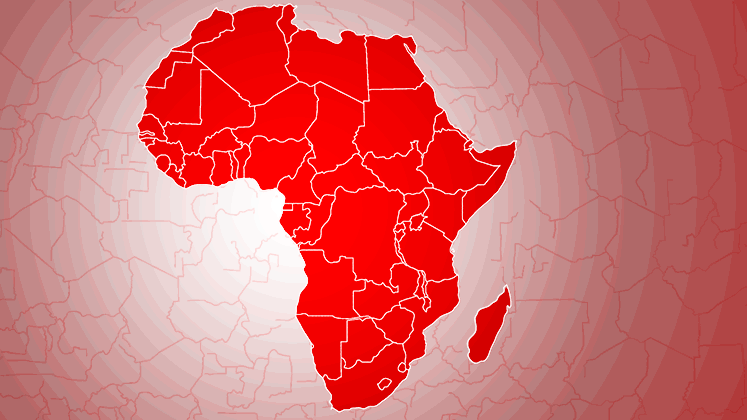 An abstract graphic showing an outline of Africa in LSE red in the middle of a pattern of concentric circles