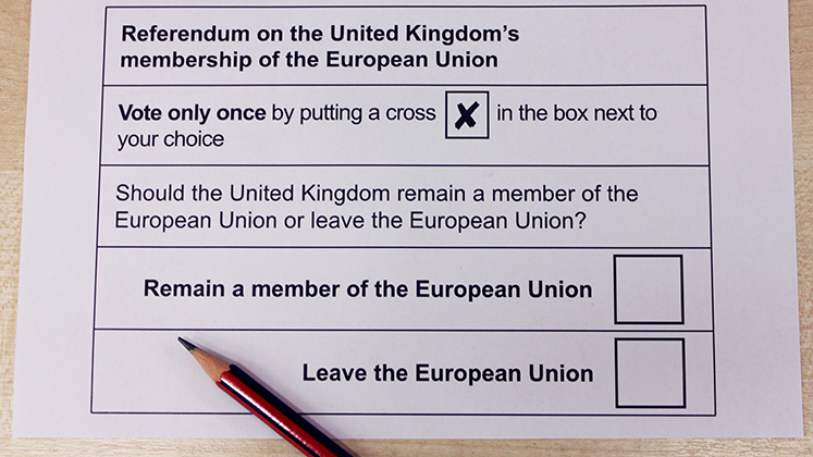 Photo of the UK EU Referendum voting card with a pencil ready to fill it in.