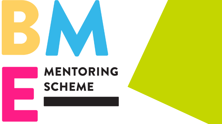 BME mentoring scheme in coloured lettering with a slanted lime green square