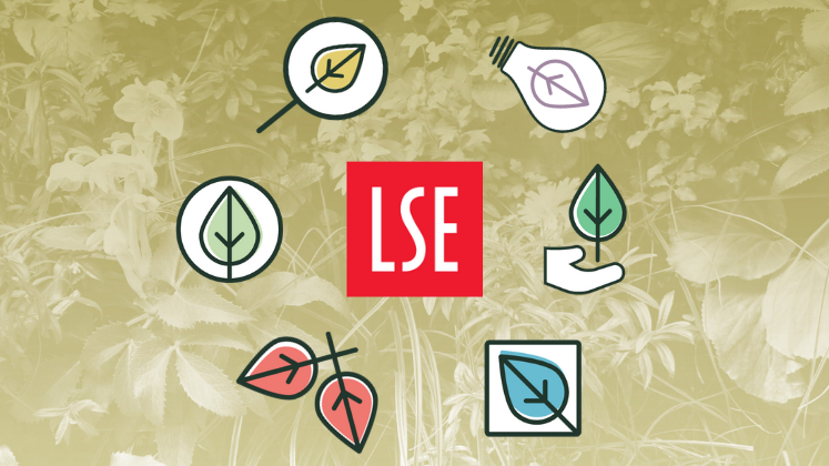 Abstract graphic showing the LSE logo surrounded by environmental symbols