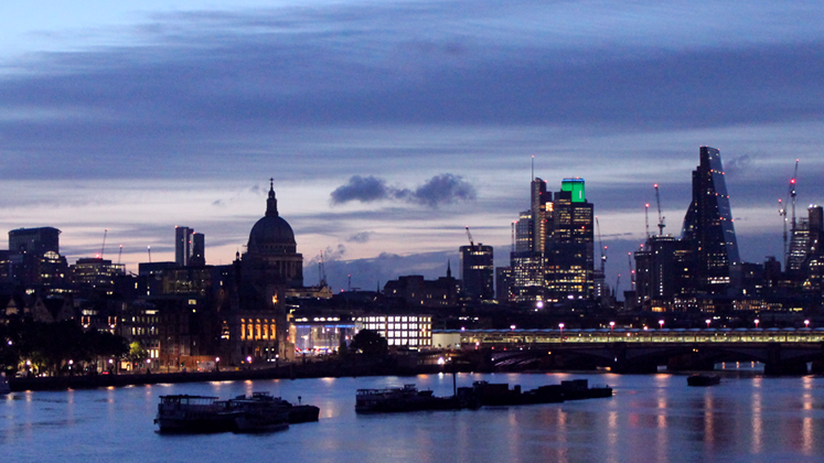 A twilight picture of the London skyline taken from Waterloo Bridge looking towards St Pauls'