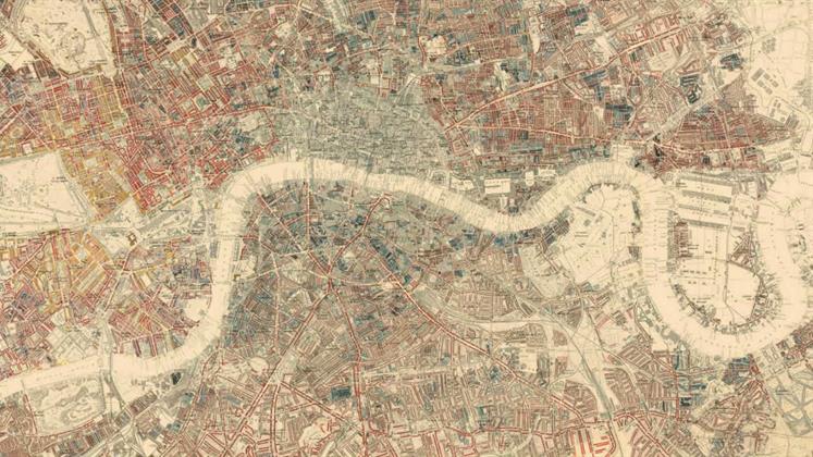 Charles Booth's poverty map of London showing from the Isle of Dogs in the east to Hyde Park in the west and Camden in the North to Peckham in the south.
