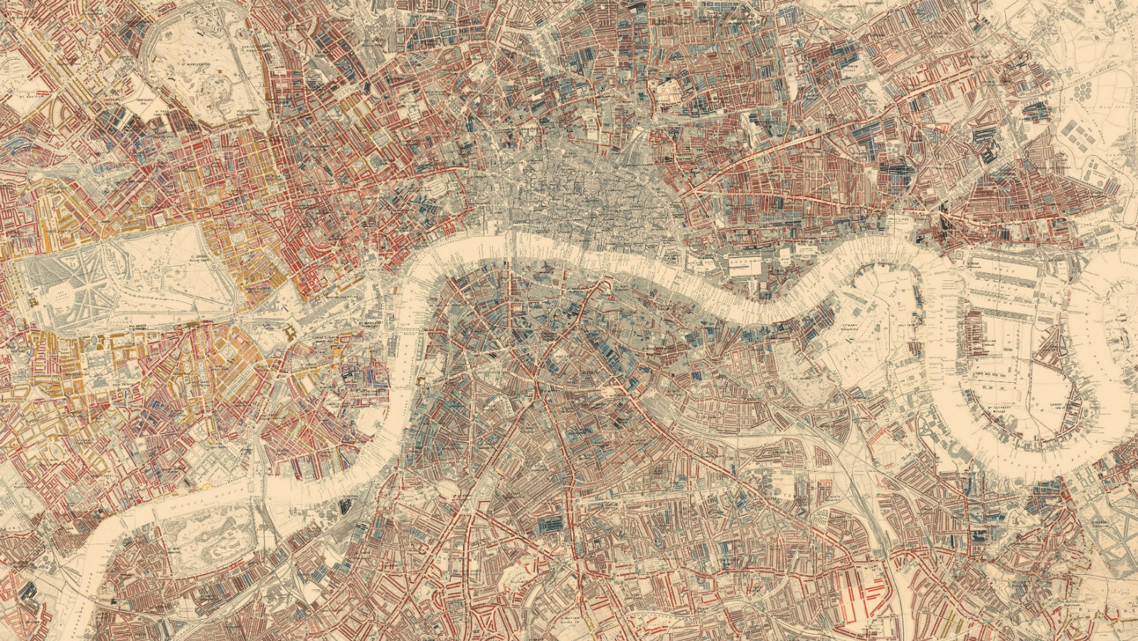 A colourful overhead map of London created by Charles Booth. The Thames is clearly visible. The various colours represent levels of social class as classified by the original researchers.
