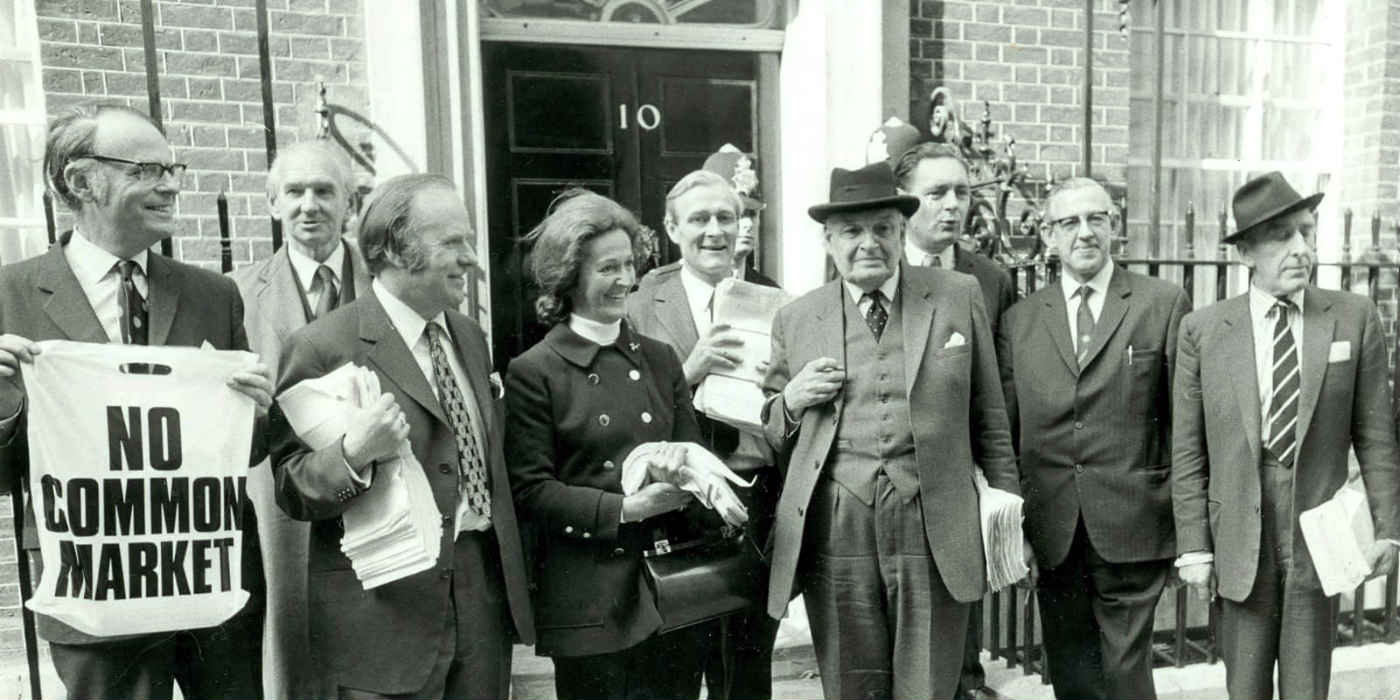 A group of political figures in the 1970s posing outside 10 Downing Street prior to delivering a petition against the Common Market.