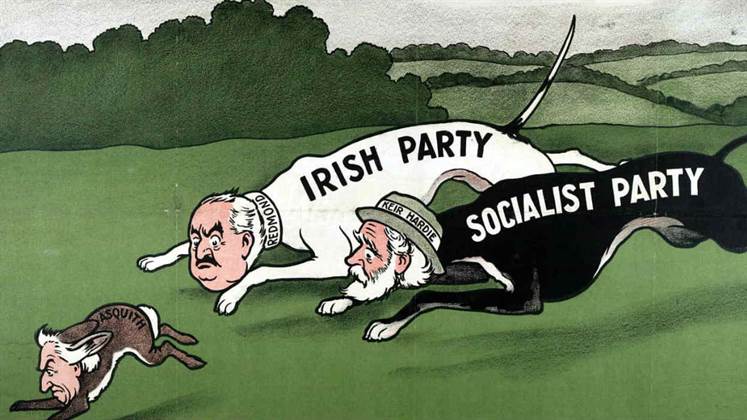 A cartoon of two politicians as dogs representing the Irish Party and Socialist Party chasing Asquith who is a hare