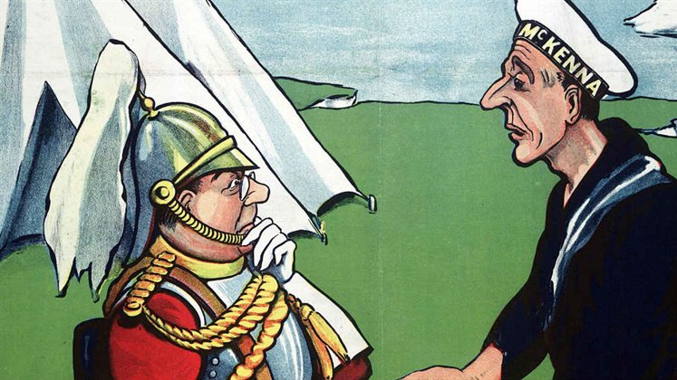 A cartoon of 2 military figures standing by (Dover) cliffs. One is from the army and the other is from the Navy.