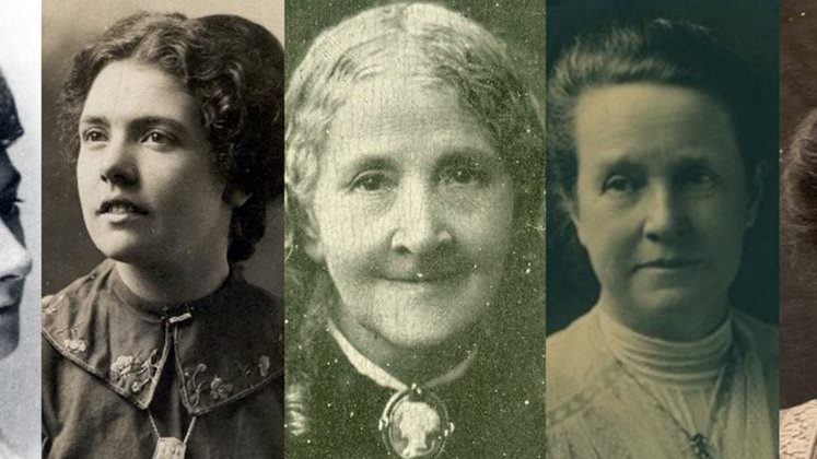 A collage of portrait images of five famous suffrage campaigners