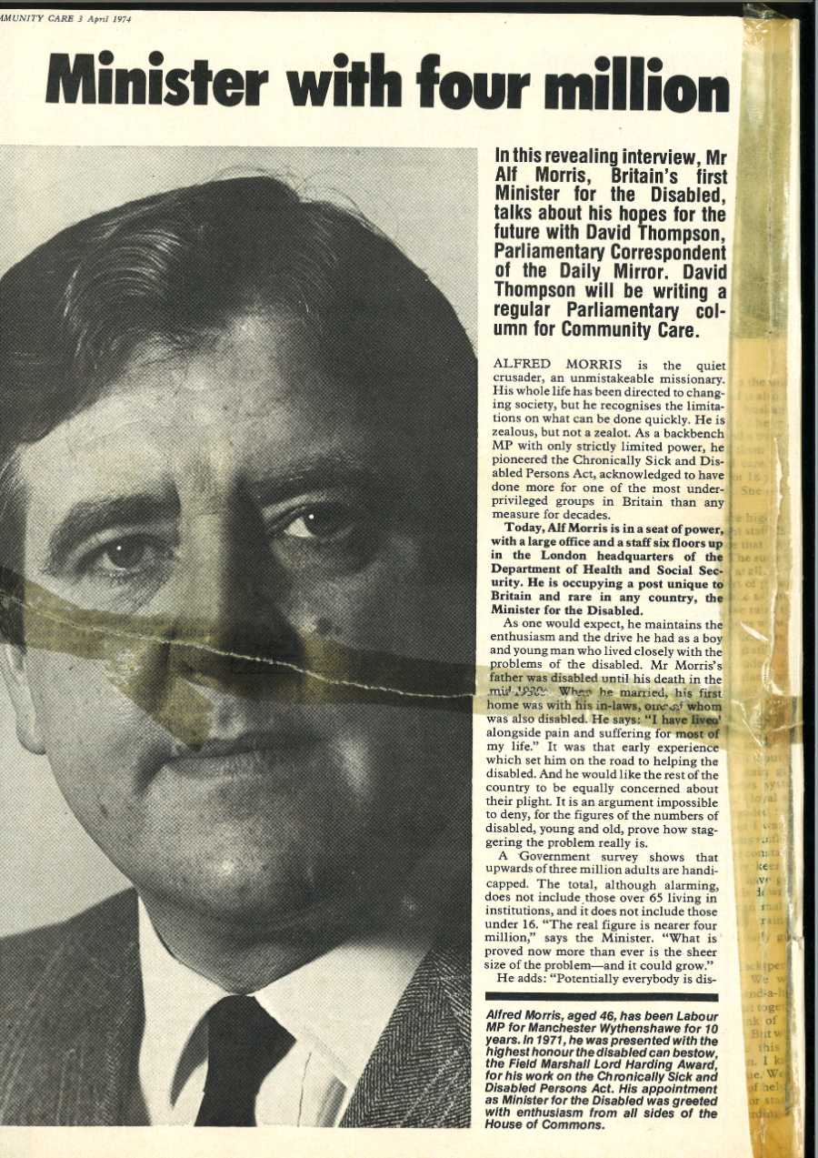 An article from Community Care, April 1974, entitled 'Minister with four million' and a picture of Alf Morris looking outward.