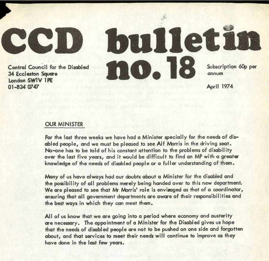 Front cover of the Central Council of the Disabled Bulletin, 1974