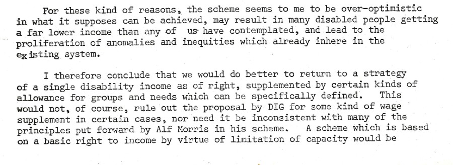 An extract from a memorandum sent by Peter Townsend to Alf Morris MP in 1973 continuing to argue for an income for people with disabilities ‘by right’.