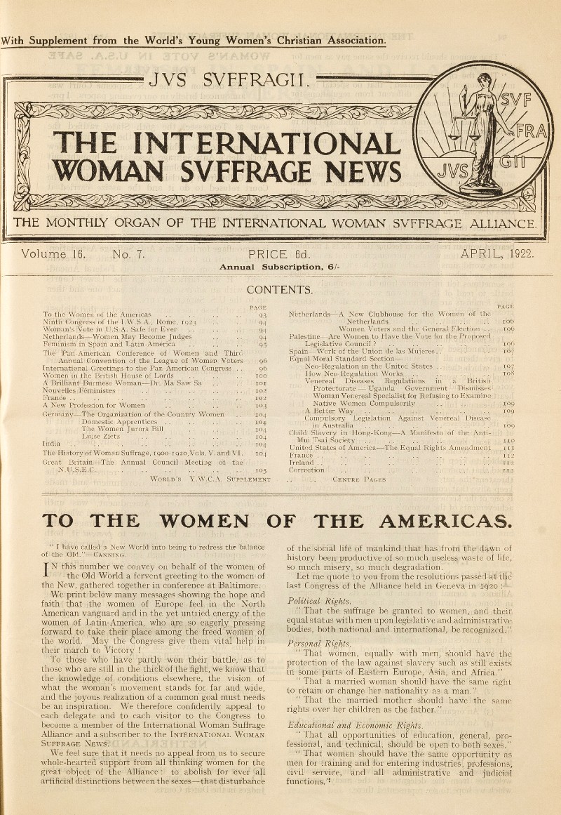 The front cover of Jus Suffragii April 1922