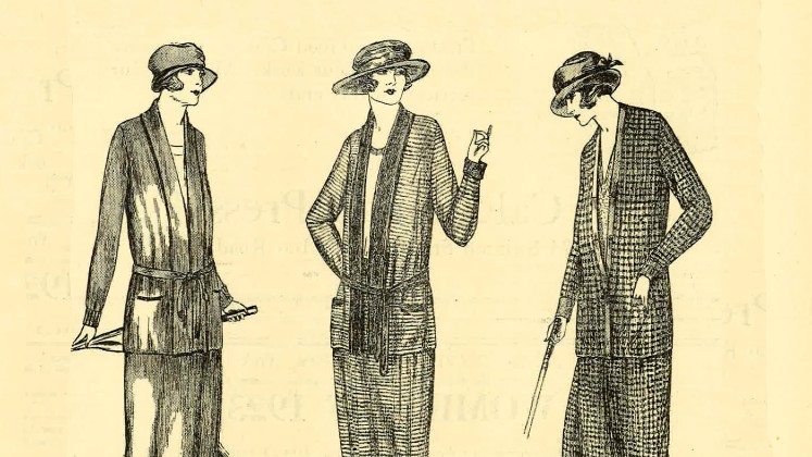 A drawing of three women in knitted suits and hats