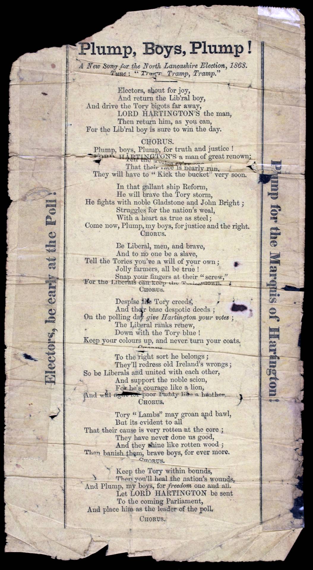 A damaged typed song sheet for the song "Plump, Boys, Plumb!"