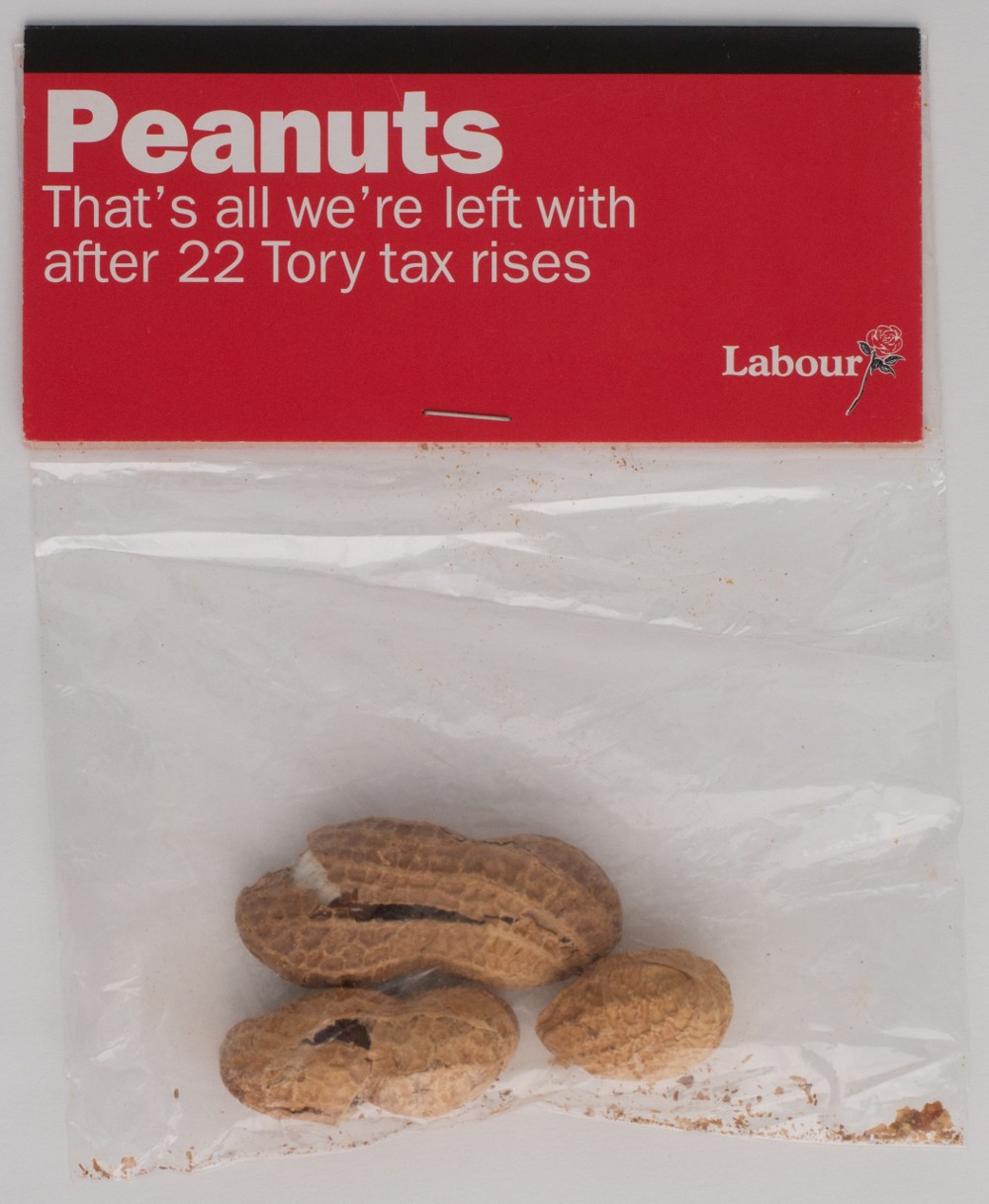 A bag of peanuts. The label is in Labour red and reads: "Peanuts. That's all we're left with after 22 Tory tax rises".