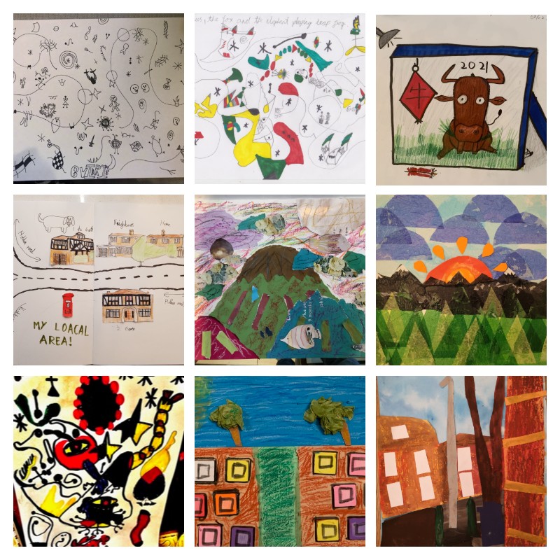 A collage of 9 images drawn by school children as part of the Fading Rainbows project