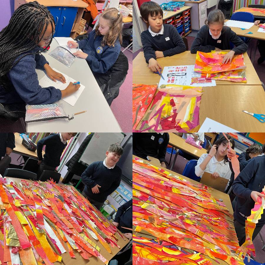 A collage of four photos showing primary school students working in their notebooks and with the Sunbeams project artwork