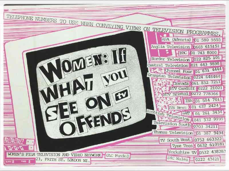 Poster with drawing of TV displaying the words "Women: if what you see on TV offends", and a list of phone numbers to the right side.