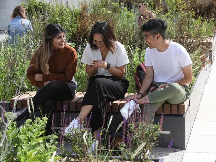 A group of students on the Centre Building's rooftop terrace at LSE