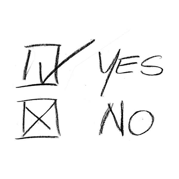 Image of yes and no checked on a white piece of paper, hand-written